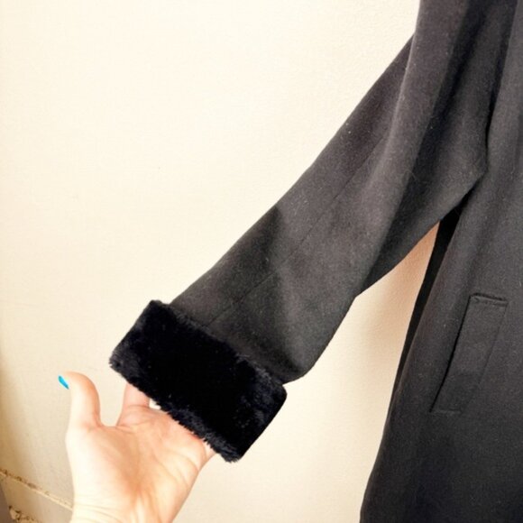 Vintage 80s Peacoat Black Wool Faux Fur Long Coat Womans Large Double Breasted - Picture 4 of 6